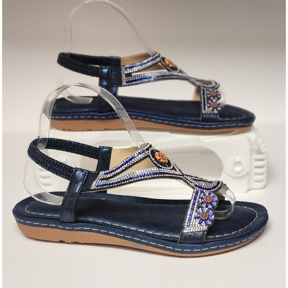 Women's Blue Rhinestone T-Strap Flat Boho Gemstone Slingback Slip-On Shoes US 9 - Picture 2 of 7